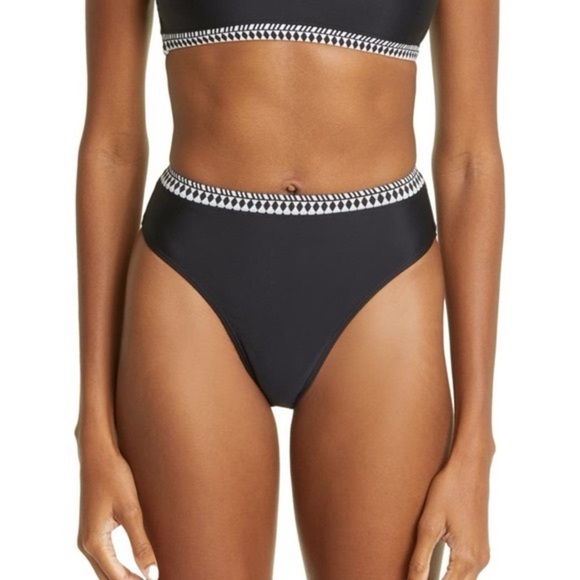 New Lemlem Lena High Leg Bikini Bottoms Black Embroidered Waist Sz L - Picture 1 of 16